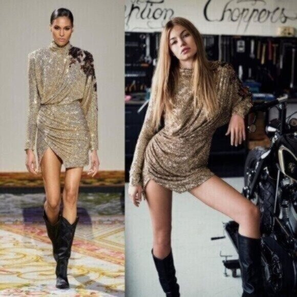Redemption Runway Gold Sequin Draped Floral Turtleneck Mini Dress Size L - Picture 1 of 16